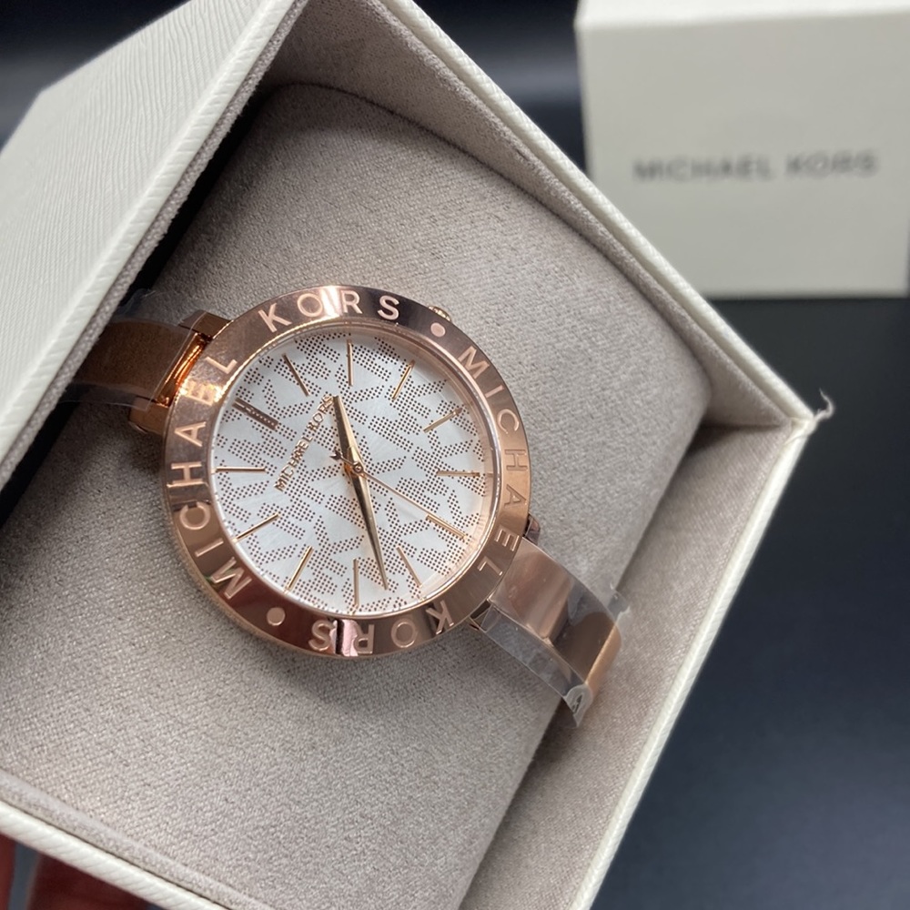 Michael Kors Jet Set Monogram Dial Rose Gold Bangle Watch